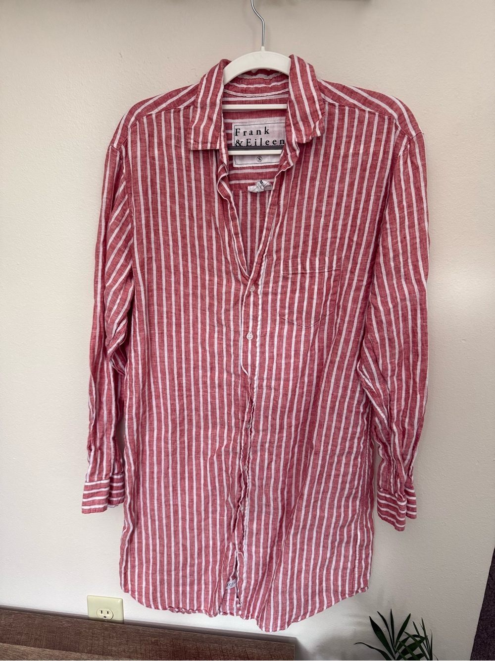 Frank & Eileen Mary Red and White Vertical Stripe Linen Button-Down